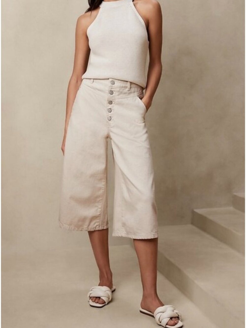 Banana Republic Denim Button Fly Culotte Wide Leg Ecru Size 27